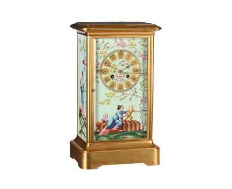 A FRENCH GILT BRASS MANTEL CLOCK INSET WITH CHINOISERIE PORCELAIN PANELSTHE MOVEMENT PROBABLY BY BRUNELOT, PARIS, LATE 19th C