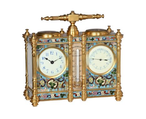 A FRENCH GILT AND CLOISONNE ENAMEL CARRIAGE TIMEPIECE AND BAROMETER WITH COMPASS AND THERMOMETERTHE TIMEPIECE BY DUVERDRY AND