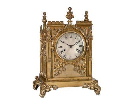 A WILLIAM IV/EARLY VICTORIAN GILT BRASS GOTHIC REVIVAL BRACKET CLOCKUNSIGNED, SECOND QUARTER OF THE 19th CENTURYThe five colu