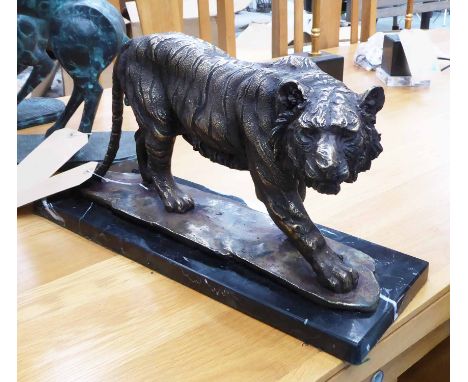 CONTEMPORARY SCHOOL BRONZE, the prowling tiger on marble base, 22cm H.
