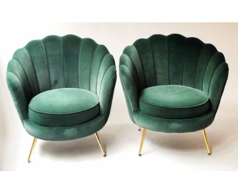 CLOUD ARMCHAIRS, a pair, 1950's style, jade green velvet upholstered, on splay metal supports, 82cm W. (2)