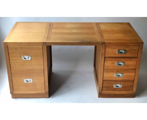 HOME/OFFICE DESK, contemporary, light oak and chromium metal mounted, with six drawers and of easy transportable form, 151cm 