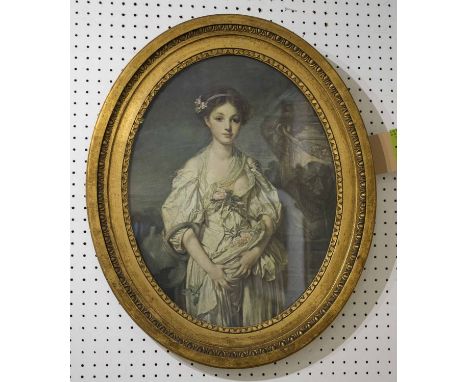 A YOUNG LADY HOLDING CUT FLOWERS IN HER LAP, lithograph in colours, in 57cm x 47cm oval glazed frame.