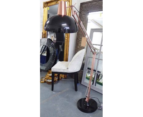 FLOOR STANDING READING LAMP, articulated arm, coppered and black painted finish, 195cm H at tallest.