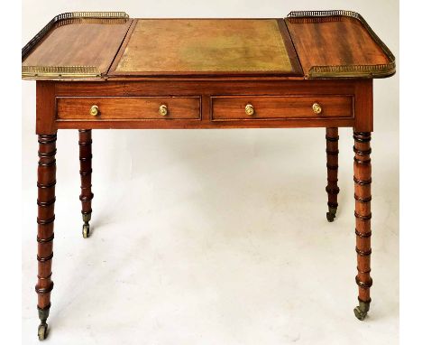 GAMES/WRITING TABLE, Regency mahogany gilt tooled leather writing surface recessing to chess board with backgammon interior, 