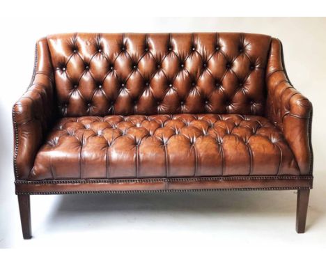 SOFA BY HALO, studded and buttoned hand dyed antique leather on swept back supports, 132cm W.