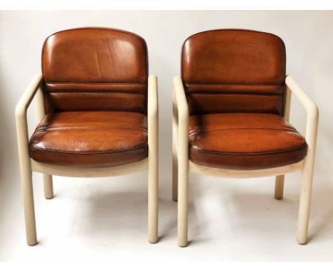 GORDON RUSSELL ARMCHAIRS, a  pair, 1970's stitched hand dyed light brown leather and grey washed ash frame, 58cm W. (2)