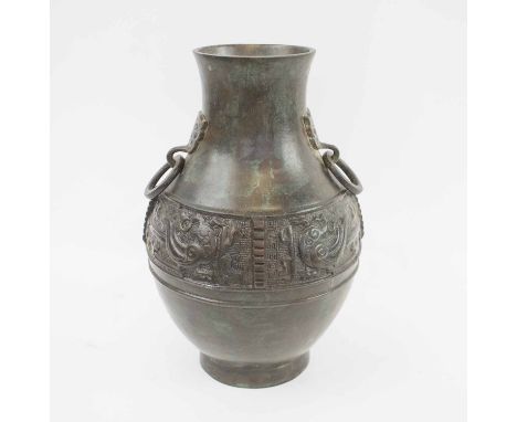 VASE, 19th century Chinese, bronze, of archaistic style with inscription, 27cm H.
