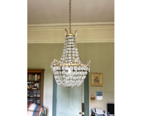A GILT METAL AND CUT GLASS BASKET CHANDELIER 20th century, approximately 50cm dropTo be removed at the buyer’s risk and expen