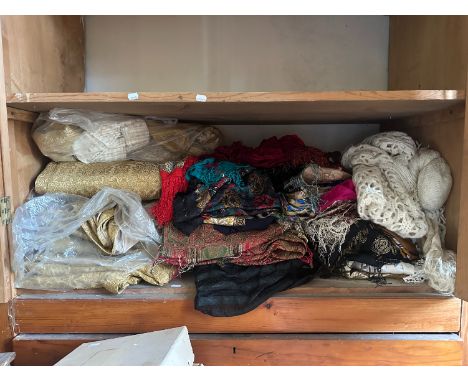 A QUANTITY OF SILK BROCADE CURTAINStogether with throws, silk, scarves, lace, a fur stole and various other textiles (a lot)