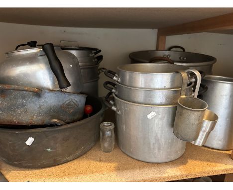 A LARGE COLLECTION OF KITCHENALIAincluding a marble mortar and pestle, stamped '5', a large collection of aluminium pots, pan