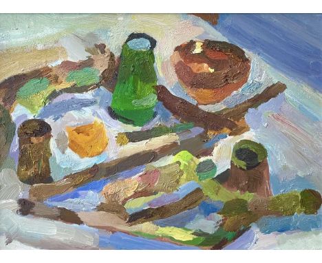 Neill LOWDON (XX-XXI) Zig Zag of Kindling, Interspersed with Pottery and Crystals  Oil on panel, signed and inscribed to vers