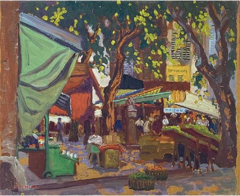 Philip Maurice HILL (1892-1952) The Market - Toulon Oil on panel, signed, further signed and inscribed to verso, 33 x 40cm.