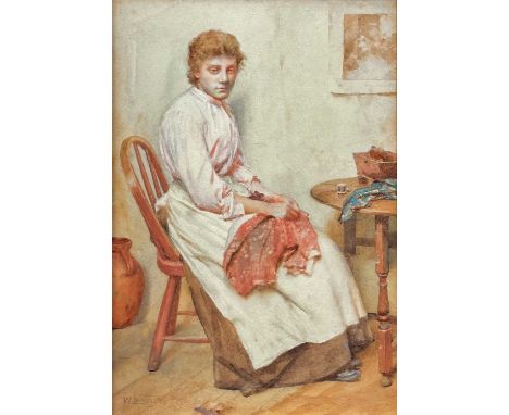 Walter LANGLEY (1852-1922),  Portrait of a young woman sewing in a cottage  Watercolour, signed, 34cm x 23cm.This beautifully