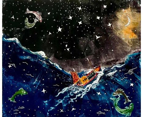 Ian DUNLOP (1945) Fishing Boat and Stars  Oil on paper, signed, further signed and inscribed to verso, 33 x 28cm.
