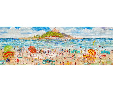 Simeon STAFFORD (1956) St Michaels Mount Oil on panel, signed, further signed, inscribed and dated to verso, 42 x 121cm.