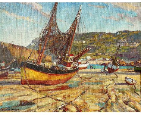 Howard BARRON (1900-1991) Drying Nets, St Ives Cornwall Oil on panel, signed, inscribed to verso, 34.5 x 44cm.