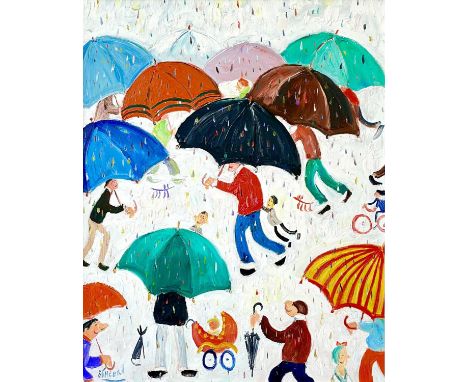Simeon STAFFORD (1956) Umbrella Rainbow Oil on panel, signed, further signed, inscribed and dated to verso, 49 x 39cm.