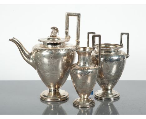 VICTORIAN SILVER THREE PIECE TEA SERVICE 
maker Roberts & Belk, Sheffield 1869, comprising a teapot, sugar and cream, of Etru