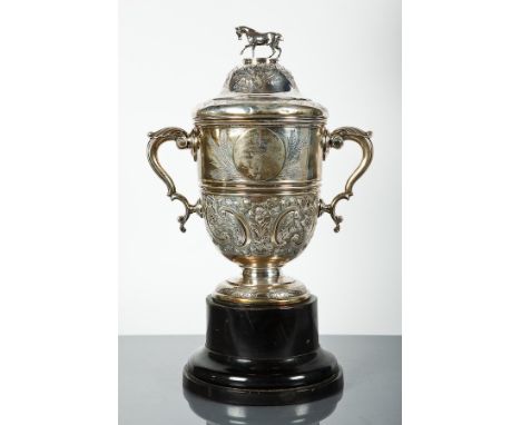 LATE VICTORIAN SILVER AGRICULTURAL TROPHY CUP AND COVER
makers Elkington & Co. Ltd., Birmingham 1900, horse figure finial ove