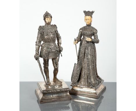 PAIR OF EARLY 20TH CENTURY GERMAN SILVER AND IVORY FIGURES 
maker Berthold Hermann Muller of Hanau,  in the form of a knight 