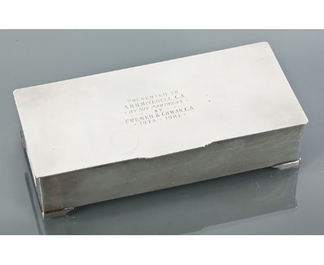 SILVER CIGARETTE BOX
maker William Comyns & Sons Ltd, London 1941, of rectangular form on bracket feet, engraved with present