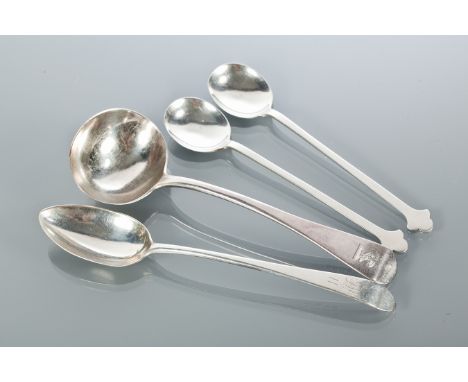 WILLIAM IV SILVER SAUCE LADLE
maker Mary Chawner, London 1835; together with a George III, maker WH, Edinburgh 1796, and a pa