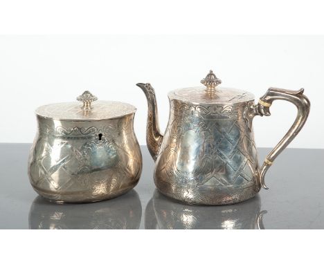 VICTORIAN SILVER TEA POT AND TEA CADDY 
teapot by maker Edward & John Barnard, London 1862, tea caddy by maker William Clarke