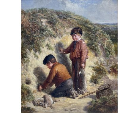 William Hemsley RBA (British 1819-1906): 'Setting a Rabbit Snare', oil on canvas signed, titled and dated 1857 on original la