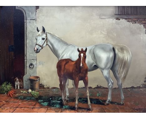 Kingsley S Chalon (British 1872-1932): 'Stable Companions', oil on panel signed, titled on printed label verso 29cm x 39cmCon