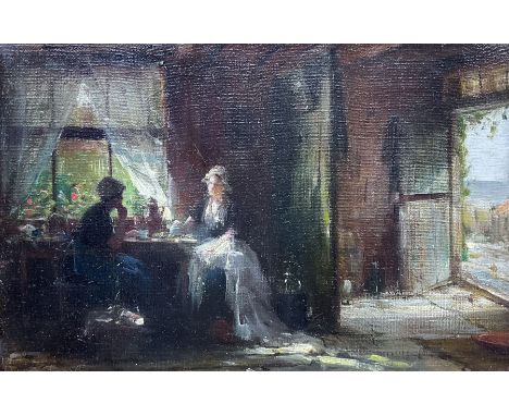 Edward Antoon Portielje (Belgian 1861-1949): Ladies Having Tea, oil on canvas board signed 16cm x 24cm Provenance: private co