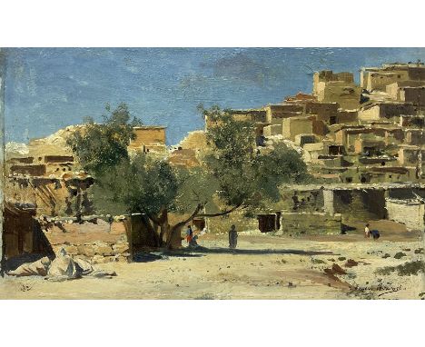 Eugène Alexis Girardet (French 1853-1907): Desert Town, oil on panel signed, indistinctly titled and dated 1877 verso 14cm x 