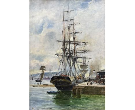 Charles James Lauder (Scottish 1841-1920): Tall Ship at the Quayside, oil on canvas laid on to board signed 34cm x 23cmCondit