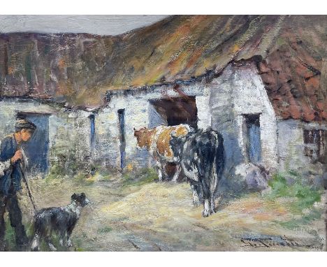 George Smith (Scottish 1870-1934): Cattle and Sheepdog in the Farmyard, oil on board signed 29cm x 39cmCondition Report:Good 