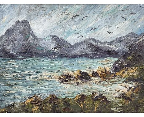 Letitia Marion Hamilton (Irish 1878-1964): Seabirds above a Rocky Coast, impasto oil on board signed with initials 34cm x 44c