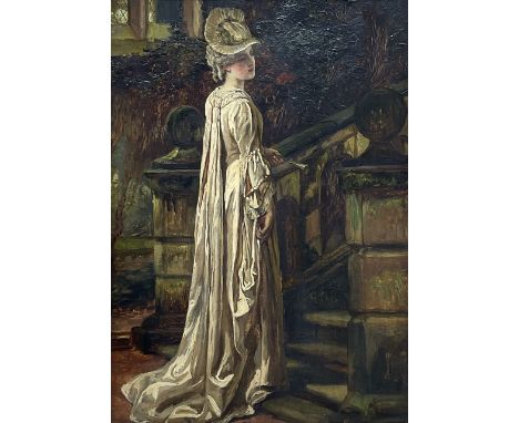 Alfred Dixon (British 1842-1919): 'Lady Jane' - Lady with Fan at the Foot of a Staircase, oil on canvas signed, titled on lab