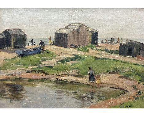 George Graham (British 1881-1941): Beach Huts, oil on canvas signed 24cm x 34cmCondition Report:Good original condition, smal