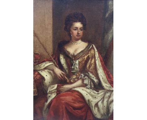 After Sir Godfrey Kneller (German/British 1646-1723): Seated Portrait of Queen Anne with Crown and Sceptre, 19th century oil 