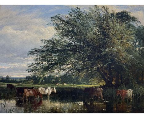 Henry Dawson (British 1811-1878): Cattle Watering, oil on canvas signed and dated 1867, 74cm x 97cm Provenance: private colle