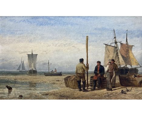 Henry Dawson (British 1811-1878): Fishermen in Discussion on the Beach, oil on panel signed and dated 1856, 28cm x 47cm Prove