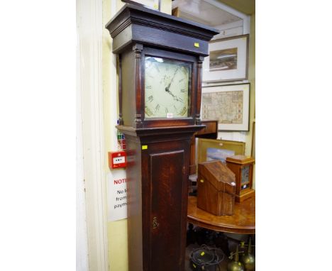 A 19th century oak 30 hour longcase clock, with 11in square painted dial, 192cm high, with weight and pendulum. 