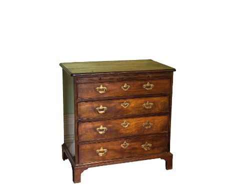 A GEORGE II "RED WALNUT" CHEST OF DRAWERS the rectangular moulded top above a brushing slide and four long graduated cockbead