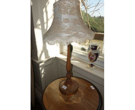 A TURNED MAHOGANY TABLE LAMP AND SHADE the lamp 15", an alabaster table lamp and another white ground table lamp (3) 