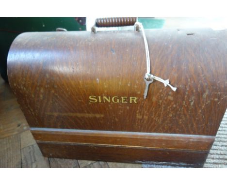 SINGER SEWING MACHINE (manual) Y8438703 and accessories in original wooden box with lock and a Singer sewing machine (electri