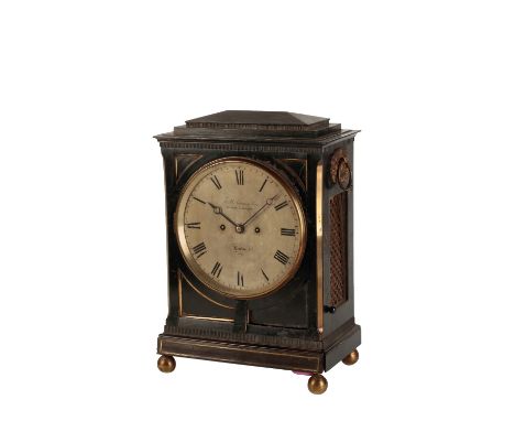 A REGENCY EBONISED AND BRASS INLAID BRACKET CLOCK by FB Adams &amp; Sons, St. John's Square, London, no. 7521, the rectangula