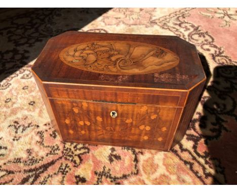 A GEORGE III HAREWOOD AND MARQUETRY TEA CADDY of rectangular form with canted corners, the crossbanded surface inlaid with a 