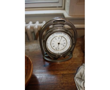 A THORNHILL &amp; CO. LONDON "HORSE STIRRUP" ANEROID CLOCK/BAROMETER the white enamel dial with Roman numerals