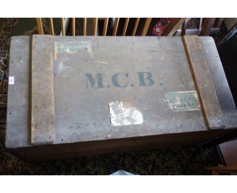 A SOFTWOOD TRAVELLING TRUNK with metal-lined interior, initialled "MCB", 43"; other trunks and luggage (a lot) 