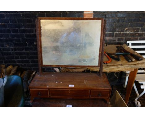 A SHERATON STYLE INLAID MAHOGANY DRESSING MIRROR the rectangular plate above a box base with three drawers, on splay bracket 