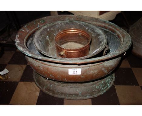 A COPPER OVAL JARDINIERE with ring-drop handles, on pedestal base, 9½", and other metalware and sundries 